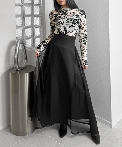 LVEU.（ラブユ.）の「【LVEU.】サイドチュールコルセットスカート / ボトムス スカート フレア ハイウエスト ロング チュール シアー コルセット風 ブラック モード（スカート・レディース・ブラック・FREE）」の3枚目の写真