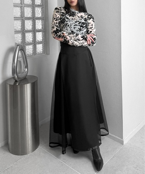 LVEU.（ラブユ.）の「【LVEU.】サイドチュールコルセットスカート / ボトムス スカート フレア ハイウエスト ロング チュール シアー コルセット風 ブラック モード（スカート・レディース・ブラック・FREE）」の2枚目の写真