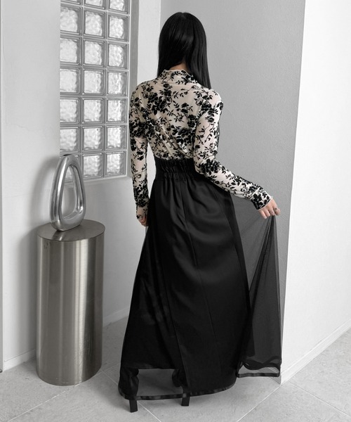 LVEU.（ラブユ.）の「【LVEU.】サイドチュールコルセットスカート / ボトムス スカート フレア ハイウエスト ロング チュール シアー コルセット風 ブラック モード（スカート・レディース・ブラック・FREE）」の4枚目の写真