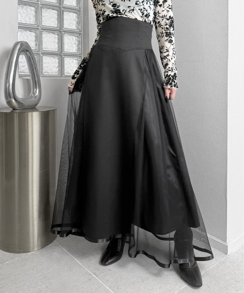 LVEU.（ラブユ.）の「【LVEU.】サイドチュールコルセットスカート / ボトムス スカート フレア ハイウエスト ロング チュール シアー コルセット風 ブラック モード（スカート・レディース・ブラック・FREE）」の5枚目の写真