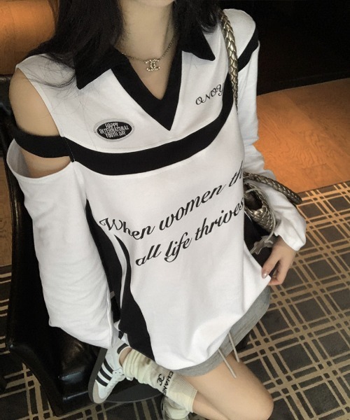 REMUR(レミュール)の「肩見せ配色ロゴトップス(Tシャツ/カットソー・レディース・ブラック/グレー/ホワイト・FREE)」の2枚目の写真