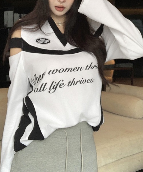 REMUR(レミュール)の「肩見せ配色ロゴトップス(Tシャツ/カットソー・レディース・ブラック/グレー/ホワイト・FREE)」の7枚目の写真