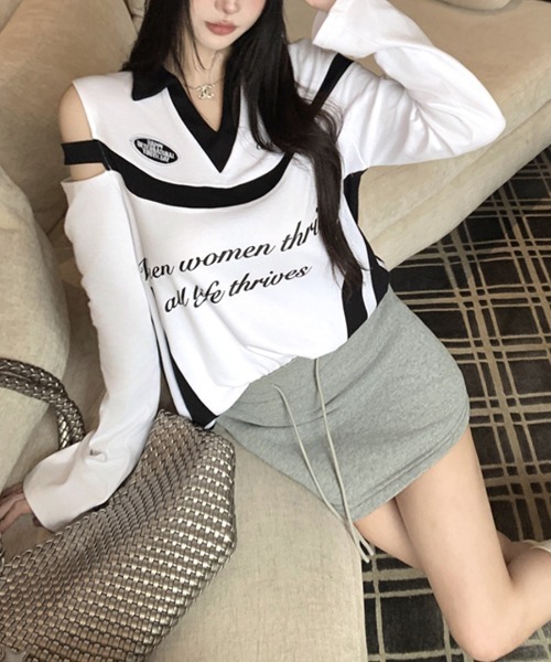REMUR(レミュール)の「肩見せ配色ロゴトップス(Tシャツ/カットソー・レディース・ブラック/グレー/ホワイト・FREE)」の8枚目の写真