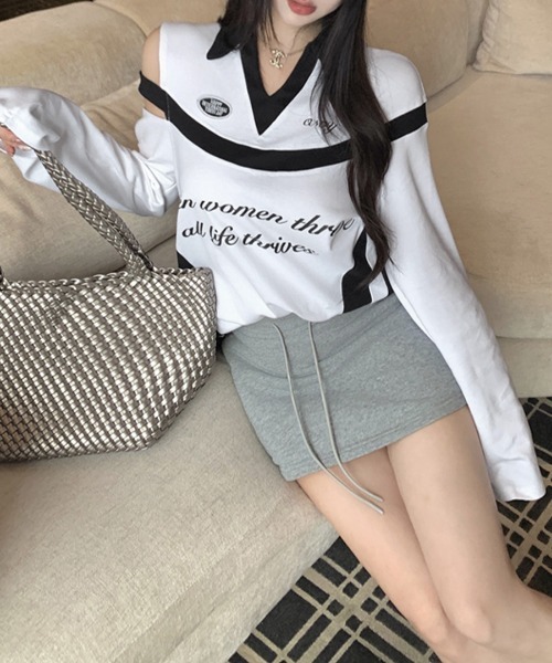 REMUR(レミュール)の「肩見せ配色ロゴトップス(Tシャツ/カットソー・レディース・ブラック/グレー/ホワイト・FREE)」の9枚目の写真
