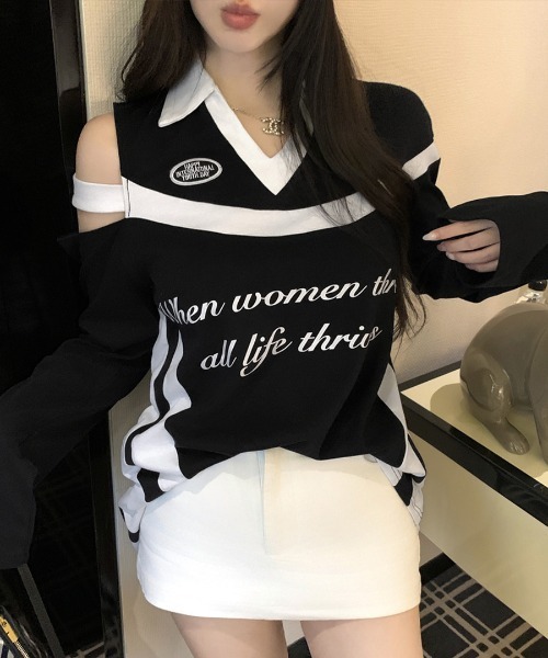 REMUR(レミュール)の「肩見せ配色ロゴトップス(Tシャツ/カットソー・レディース・ブラック/グレー/ホワイト・FREE)」の14枚目の写真