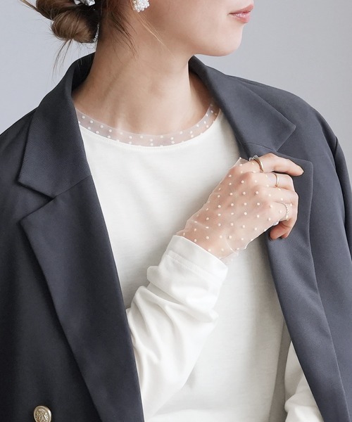 reca（レカ）の「襟&袖口ドットチュールトップス（Tシャツ/カットソー・レディース・ブラック/オフホワイト・M）」の3枚目の写真