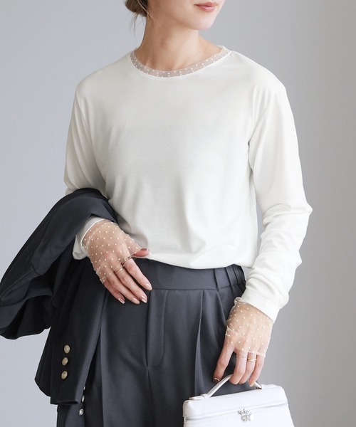 reca（レカ）の「襟&袖口ドットチュールトップス（Tシャツ/カットソー・レディース・ブラック/オフホワイト・M）」の9枚目の写真