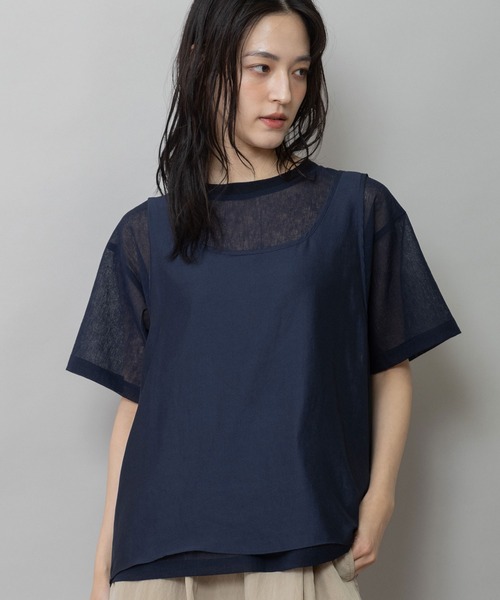 Munich(ミューニック)の「ヴィンテージボイル×ドライツイルレイヤードトップス(Tシャツ/カットソー・レディース・ブラック/ネイビー/ホワイト・FREE)」の4枚目の写真
