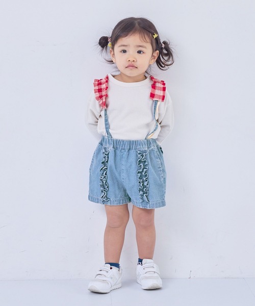 MARKEY'S(マーキーズ)の「ギンガムフリルサスペンダーショートパンツ(デニムパンツ・キッズ・ネイビー/ライトブルー・110/100/90/80/150/140/130/120)」の5枚目の写真