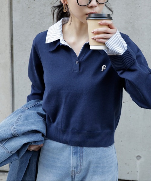 FREE'S MART(フリーズマート)の「衿付きレイヤード風ポロニット(ニット/セーター・レディース・ネイビー/ブラウン/グレー/ベージュ・FREE)」の4枚目の写真