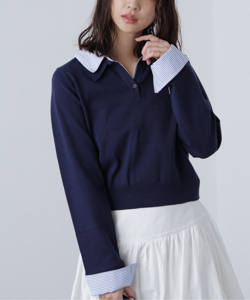 FREE'S MART(フリーズマート)の「衿付きレイヤード風ポロニット(ニット/セーター・レディース・ネイビー/ブラウン/グレー/ベージュ・FREE)」の9枚目の写真