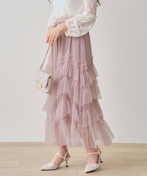 laulea(ラウレア)の「ランダムラッフルティアードチュールロングスカート(スカート・レディース・ブラック/アイボリー/ピンク/ライトグレー・M)」の6枚目の写真
