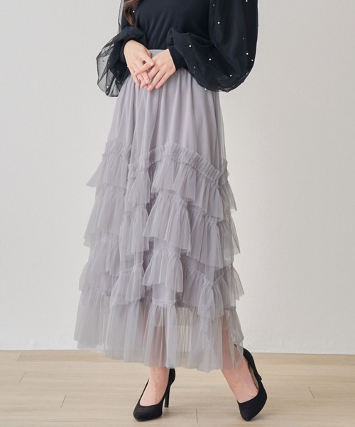 laulea(ラウレア)の「ランダムラッフルティアードチュールロングスカート(スカート・レディース・ブラック/アイボリー/ピンク/ライトグレー・M)」の14枚目の写真