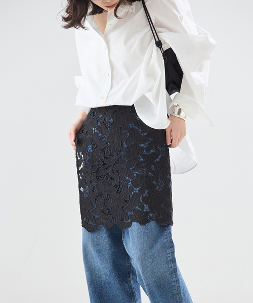 journal standard L'essage(ジャーナルスタンダードレサージュ)の「ケミカルコードレース ラップスカート(スカート・レディース・ホワイト/ブラック・FREE)」の1枚目の写真