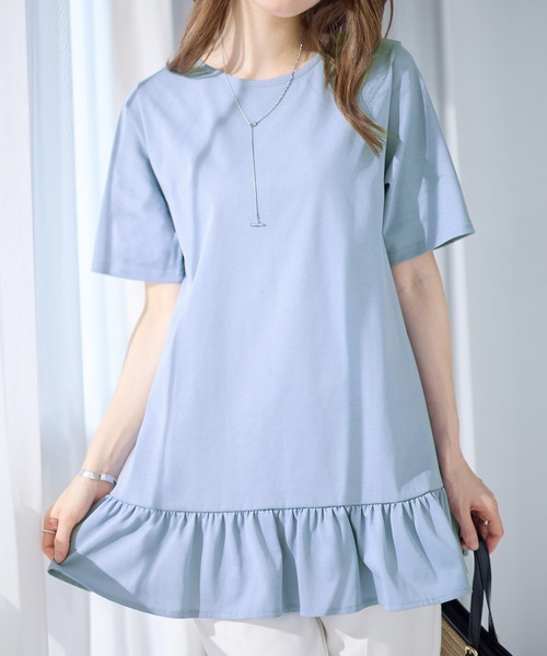 alotta(アロッタ)の「ひんやり!1枚で可愛い裾フリルTシャツチュニック(Tシャツ/カットソー・レディース・ブルー/ブラック/ネイビー/イエロー/コーラルピンク/ホワイト・M/L/LL)」の9枚目の写真