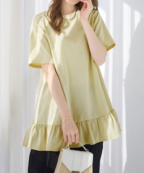 alotta(アロッタ)の「ひんやり!1枚で可愛い裾フリルTシャツチュニック(Tシャツ/カットソー・レディース・ブルー/ブラック/ネイビー/イエロー/コーラルピンク/ホワイト・M/L/LL)」の16枚目の写真