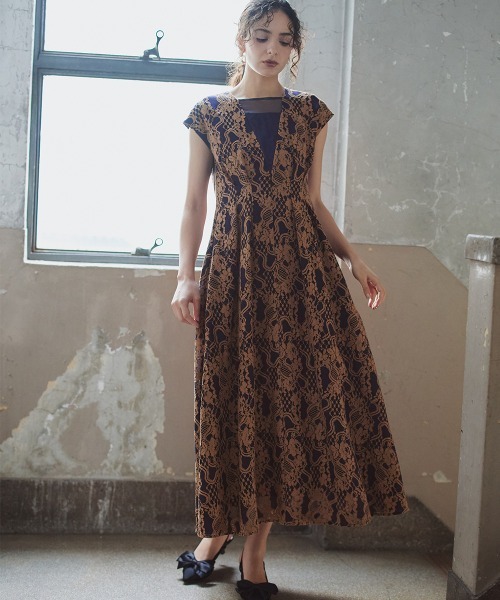 Callarus(カラルス)の「ウエストタックデザインレースフレアワンピースドレス〔Callarus〕(ドレス・レディース・ネイビー系/ブラック×グリーン・M/L/LL/3L)」の1枚目の写真