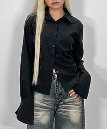 フレアスリーブコルセットシャツ / 長袖 ウエストシェイプ 透け感 コルセット シルエット 細見え フレアスリーブ 調節可能 リボン カラーネック レイヤード カジュアル きれいめ モード 海外ガール ホワイト ブラック レースアップ