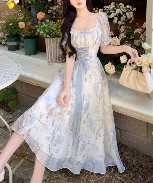 ＆soiree（アンドソワレ）の「フロントレースアップパフスリーブワンピース（ワンピース・レディース・サックスブルー・X-LARGE/LARGE/MEDIUM/SMALL）」の3枚目の写真