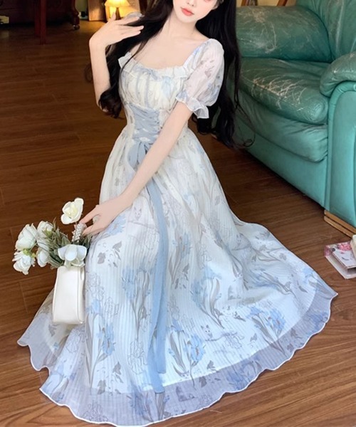 ＆soiree（アンドソワレ）の「フロントレースアップパフスリーブワンピース（ワンピース・レディース・サックスブルー・X-LARGE/LARGE/MEDIUM/SMALL）」の4枚目の写真