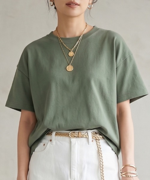 MULEXS(ミューレクス)の「半袖Tシャツ / コットン100% ヘビーウェイト オーバーサイズ ベーシックカットソー(Tシャツ/カットソー・レディース・ライトベージュ/レッド/カーキ/イエロー・L/M)」の3枚目の写真