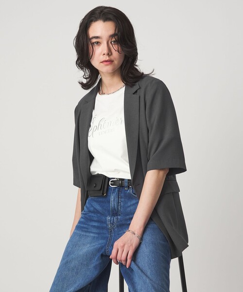 green label relaxing（グリーンレーベルリラクシング）の「エアシカル ハーフスリーブ ジャケット  マシンウォッシャブル 接触冷感 通気性（テーラードジャケット・レディース・モカ/ダークグレー・38/36）」の15枚目の写真