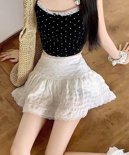 shopnikoniko（ショップニコニコ）の「レースパイピング インパン付き ミニスカート（スカート・レディース・ホワイト・フリー）」の2枚目の写真