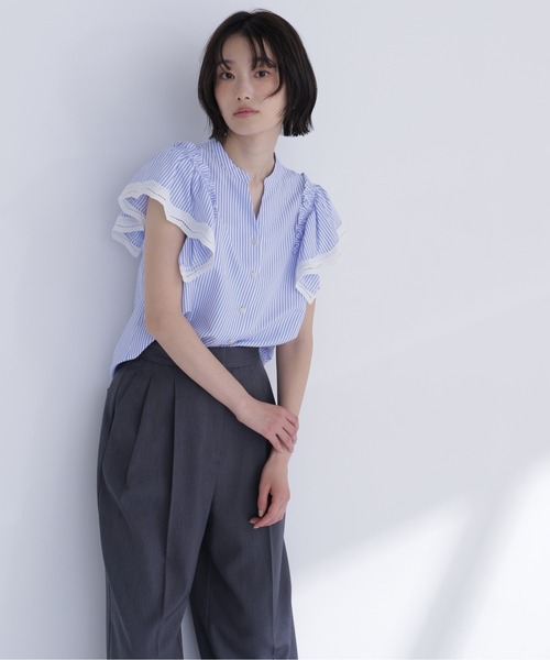 NATURAL BEAUTY BASIC（ナチュラルビューティーベーシック）の「レーストリムストライプブラウス（シャツ/ブラウス・レディース・ピンク系その他2/ブルー系その他2/ブラウン系その他・ﾌﾘ-）」の12枚目の写真