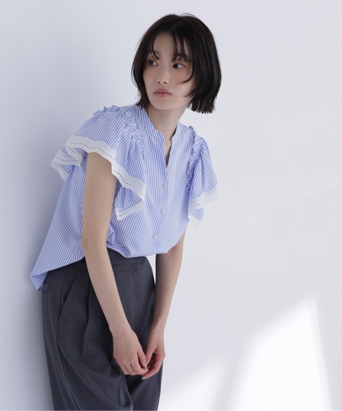 NATURAL BEAUTY BASIC（ナチュラルビューティーベーシック）の「レーストリムストライプブラウス（シャツ/ブラウス・レディース・ピンク系その他2/ブルー系その他2/ブラウン系その他・ﾌﾘ-）」の14枚目の写真