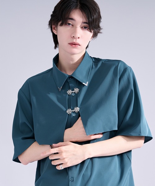 Ellno Loset(エルノロゼット)の「【新色追加】メタルパーツフラシシャツ(シャツ/ブラウス・メンズ・オフホワイト/ブラック/ブルーグレー/ブルーグリーン・SMALL/MEDIUM/LARGE)」の4枚目の写真