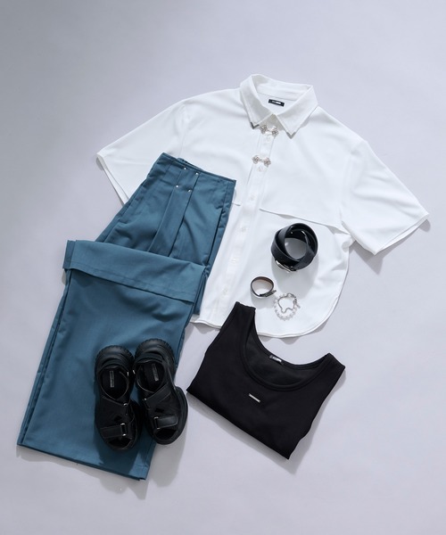 Ellno Loset(エルノロゼット)の「【新色追加】メタルパーツフラシシャツ(シャツ/ブラウス・メンズ・オフホワイト/ブラック/ブルーグレー/ブルーグリーン・SMALL/MEDIUM/LARGE)」の8枚目の写真
