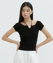 Strap Neck Ribbed Knit Top (black)