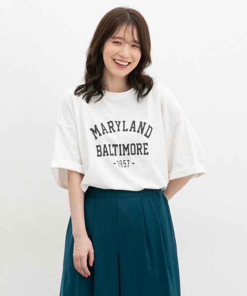 Honeys(ハニーズ)の「【UVカット】6分袖ゆるロゴTシャツ(Tシャツ/カットソー・レディース・カーキ/スミクロ/杢グレー/レッド系/オフホワイト・F)」の2枚目の写真