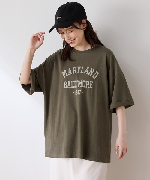 Honeys(ハニーズ)の「【UVカット】6分袖ゆるロゴTシャツ(Tシャツ/カットソー・レディース・カーキ/スミクロ/杢グレー/レッド系/オフホワイト・F)」の4枚目の写真