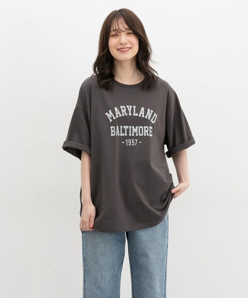 Honeys(ハニーズ)の「【UVカット】6分袖ゆるロゴTシャツ(Tシャツ/カットソー・レディース・カーキ/スミクロ/杢グレー/レッド系/オフホワイト・F)」の13枚目の写真