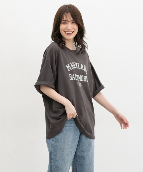 Honeys(ハニーズ)の「【UVカット】6分袖ゆるロゴTシャツ(Tシャツ/カットソー・レディース・カーキ/スミクロ/杢グレー/レッド系/オフホワイト・F)」の6枚目の写真