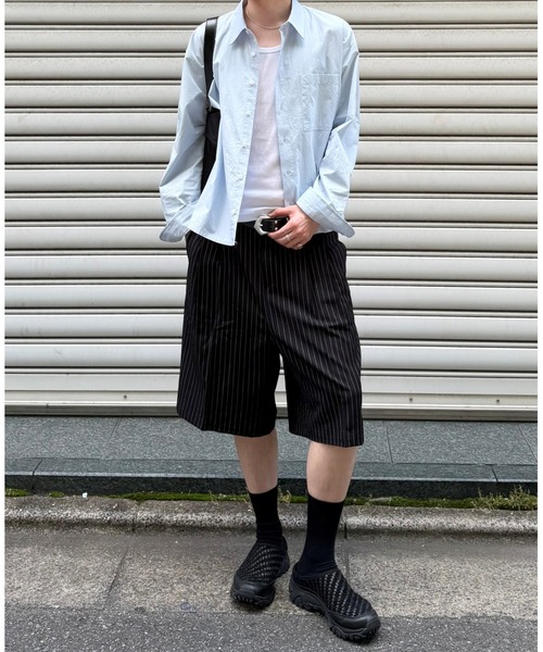 Chikashitsu +（チカシツプラス）の「【Chikashitsu +】stripe bermuda shorts (3color) / 【チカシツプラス】ストライプスラックスバミューダパンツ＜着用動画あり＞（スラックス・メンズ・ブラック/グレー/ネイビー・L/M）」の7枚目の写真