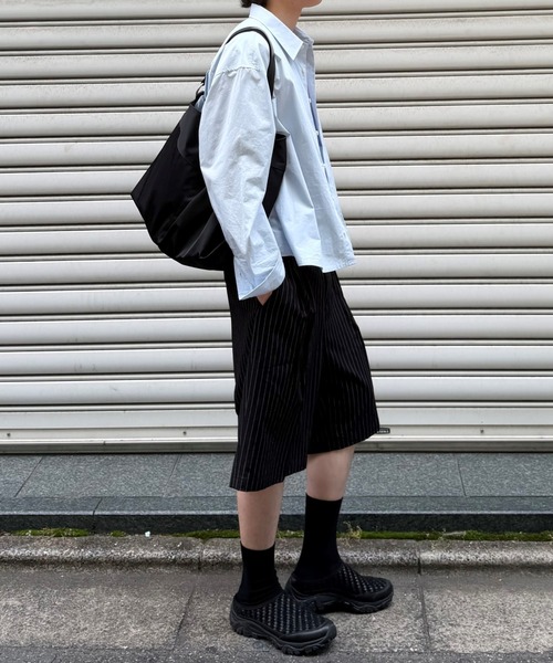 Chikashitsu +（チカシツプラス）の「【Chikashitsu +】stripe bermuda shorts (3color) / 【チカシツプラス】ストライプスラックスバミューダパンツ＜着用動画あり＞（スラックス・メンズ・ブラック/グレー/ネイビー・L/M）」の8枚目の写真