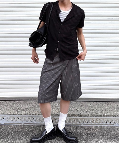 Chikashitsu +（チカシツプラス）の「【Chikashitsu +】stripe bermuda shorts (3color) / 【チカシツプラス】ストライプスラックスバミューダパンツ＜着用動画あり＞（スラックス・メンズ・ブラック/グレー/ネイビー・L/M）」の18枚目の写真