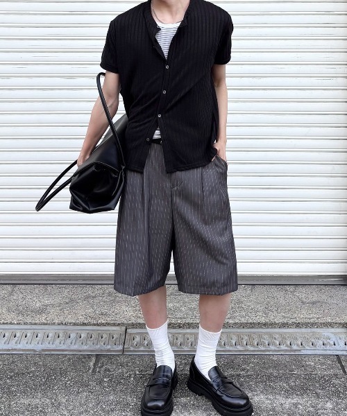 Chikashitsu +（チカシツプラス）の「【Chikashitsu +】stripe bermuda shorts (3color) / 【チカシツプラス】ストライプスラックスバミューダパンツ＜着用動画あり＞（スラックス・メンズ・ブラック/グレー/ネイビー・L/M）」の19枚目の写真