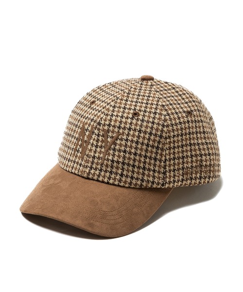Manhattan Portage（マンハッタンポーテージ）の「Manhattan Portage / マンハッタンポーテージ NY EMB CHECK CAP ニューヨーク エンブレム チェック キャップ チェック柄 千鳥格子 スウェード 配色 切り替え バイカラー ツートン フロントロゴ 刺繍 カジュアル レトロ トラッド トラディショナル メンズ レディース 2026年秋冬 秋物（キャップ・メンズ・ホワイト/ブラウン/グレー・FREE）」の3枚目の写真