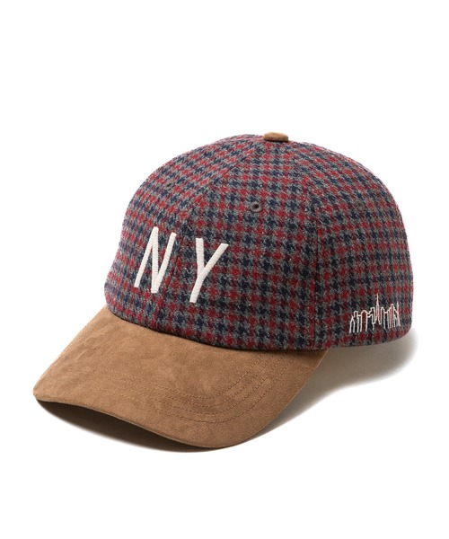 Manhattan Portage（マンハッタンポーテージ）の「Manhattan Portage / マンハッタンポーテージ NY EMB CHECK CAP ニューヨーク エンブレム チェック キャップ チェック柄 千鳥格子 スウェード 配色 切り替え バイカラー ツートン フロントロゴ 刺繍 カジュアル レトロ トラッド トラディショナル メンズ レディース 2026年秋冬 秋物（キャップ・メンズ・ホワイト/ブラウン/グレー・FREE）」の2枚目の写真