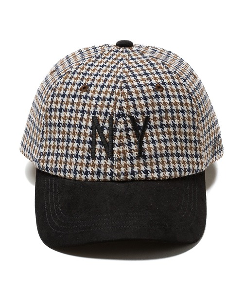Manhattan Portage（マンハッタンポーテージ）の「Manhattan Portage / マンハッタンポーテージ NY EMB CHECK CAP ニューヨーク エンブレム チェック キャップ チェック柄 千鳥格子 スウェード 配色 切り替え バイカラー ツートン フロントロゴ 刺繍 カジュアル レトロ トラッド トラディショナル メンズ レディース 2026年秋冬 秋物（キャップ・メンズ・ホワイト/ブラウン/グレー・FREE）」の4枚目の写真