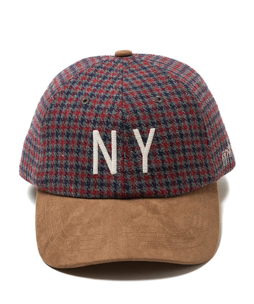 Manhattan Portage（マンハッタンポーテージ）の「Manhattan Portage / マンハッタンポーテージ NY EMB CHECK CAP ニューヨーク エンブレム チェック キャップ チェック柄 千鳥格子 スウェード 配色 切り替え バイカラー ツートン フロントロゴ 刺繍 カジュアル レトロ トラッド トラディショナル メンズ レディース 2026年秋冬 秋物（キャップ・メンズ・ホワイト/ブラウン/グレー・FREE）」の5枚目の写真