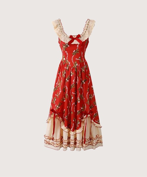 LA POMME petit(ラポミ・プチ)の「Red Motif Lace Flare Bear One Piece(ワンピース・レディース・レッド・FREE)」の1枚目の写真