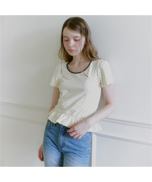 MICANE(ミケーネ)の「ララビドットショーツブラウスペプラムT(Tシャツ/カットソー・レディース・チャコール/クリーム/ライトグレー・1/2/3/4)」の3枚目の写真
