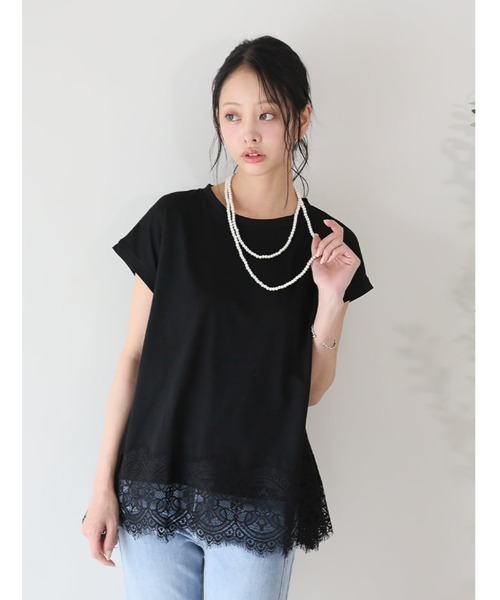 fifth（フィフス）の「裾レースフレンチスリーブTシャツ（Tシャツ/カットソー・レディース・ホワイト/ブラック・M）」の2枚目の写真