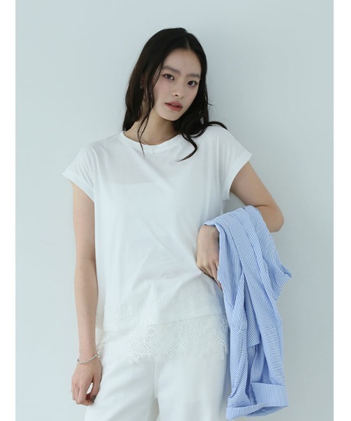fifth（フィフス）の「裾レースフレンチスリーブTシャツ（Tシャツ/カットソー・レディース・ホワイト/ブラック・M）」の4枚目の写真