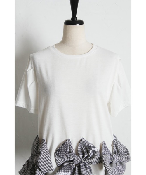 tocco closet(トッコ クローゼット)の「【ZOZO限定】裾ギンガムチェックリボン装飾半袖トップス(Tシャツ/カットソー・レディース・ホワイト/ブラック・M)」の5枚目の写真