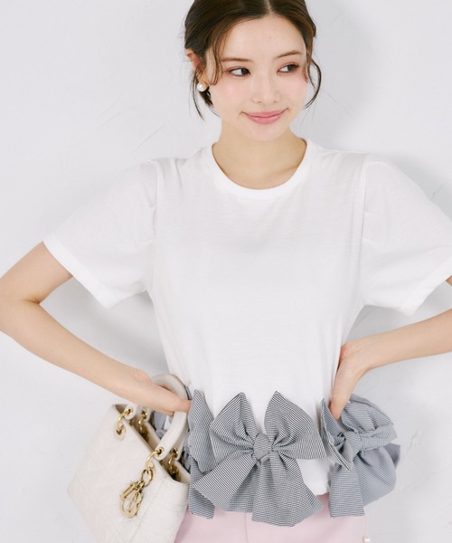 tocco closet(トッコ クローゼット)の「【ZOZO限定】裾ギンガムチェックリボン装飾半袖トップス(Tシャツ/カットソー・レディース・ホワイト/ブラック・M)」の15枚目の写真